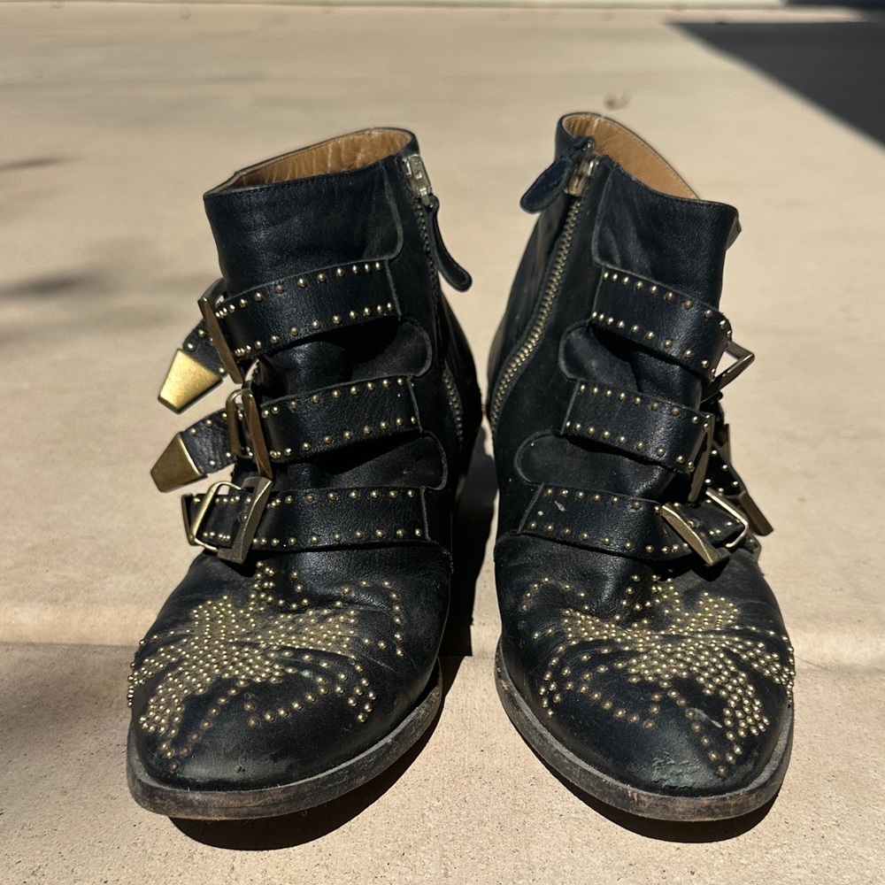Chloe Black Leather Studded Ankle Booties with Buckle Straps